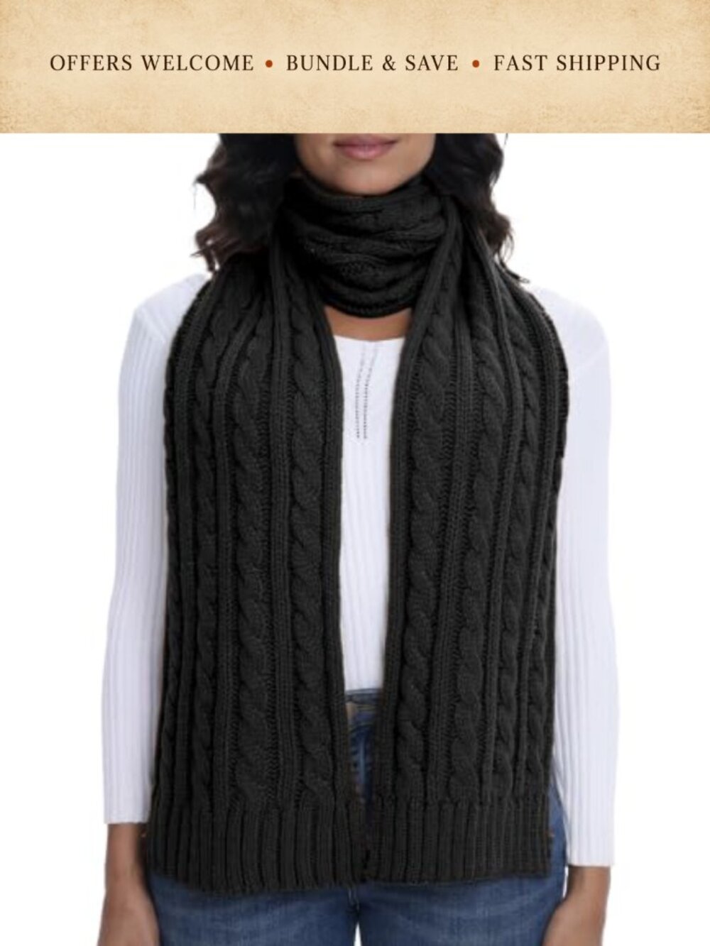 Cable Knit Ribbed Winter Scarf Polyester Long Rectangular - Picture 1 of 6